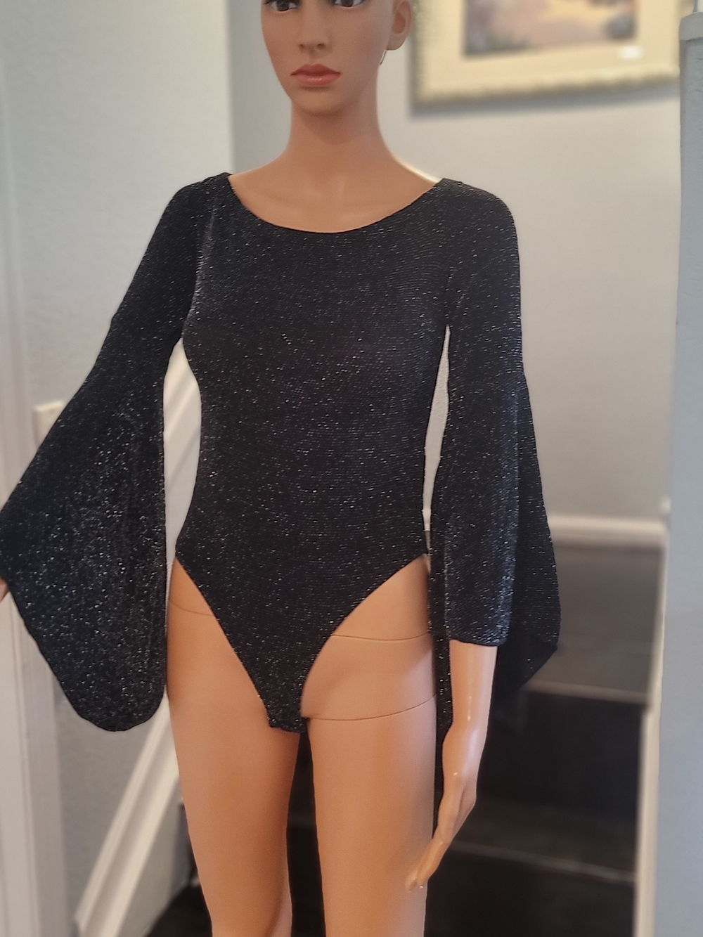 Fashion Nova Black Sparkle Bell Sleeve Bodysuit